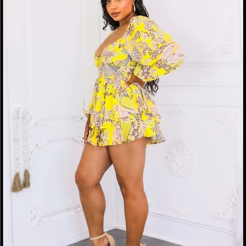 Yellow Long Sleeve Plunge Neck Romper for Cocktail - Picture 3 of 5